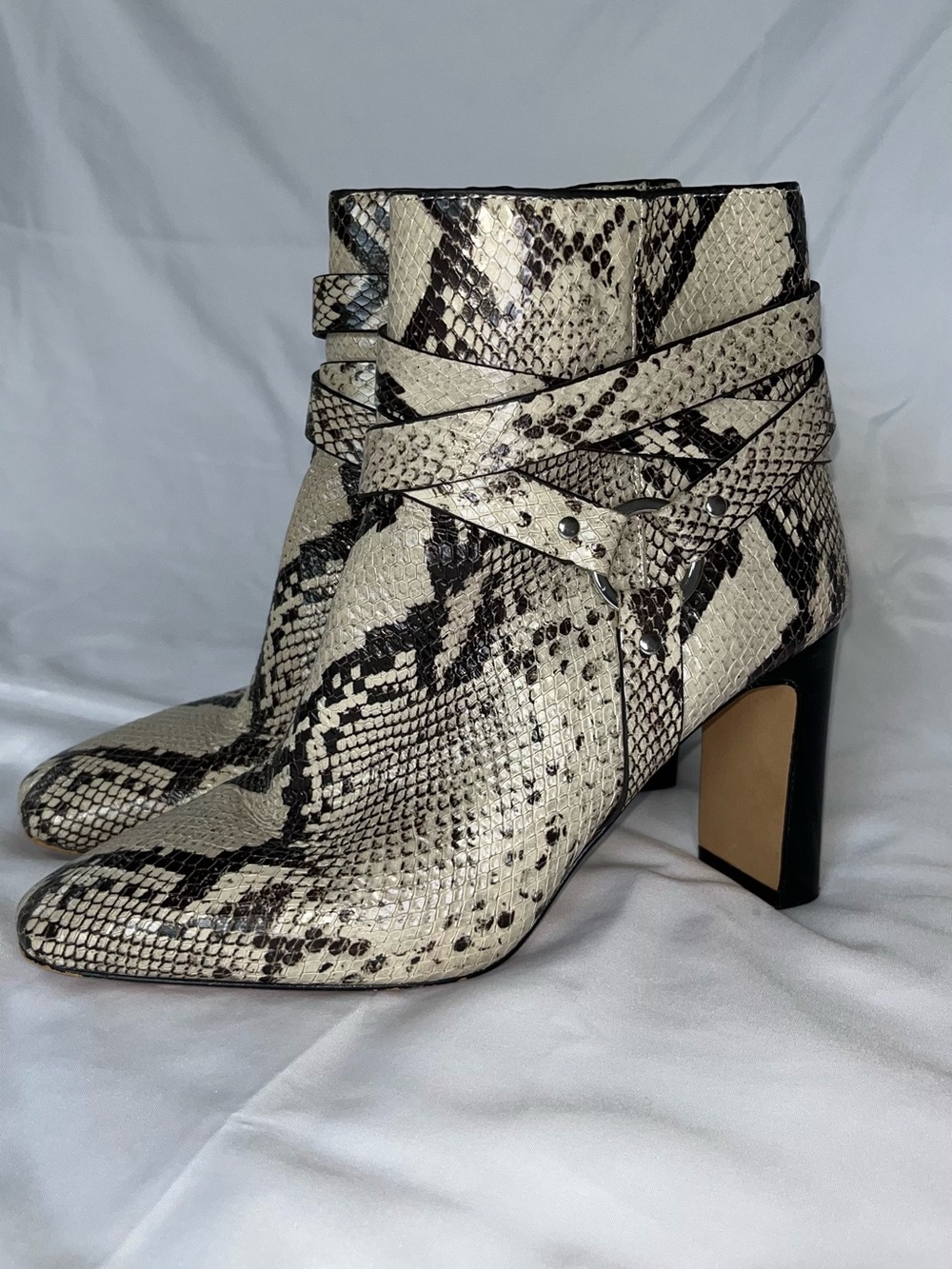 Vince Camuto Snake-Print Ankle Boots in Cream & Black